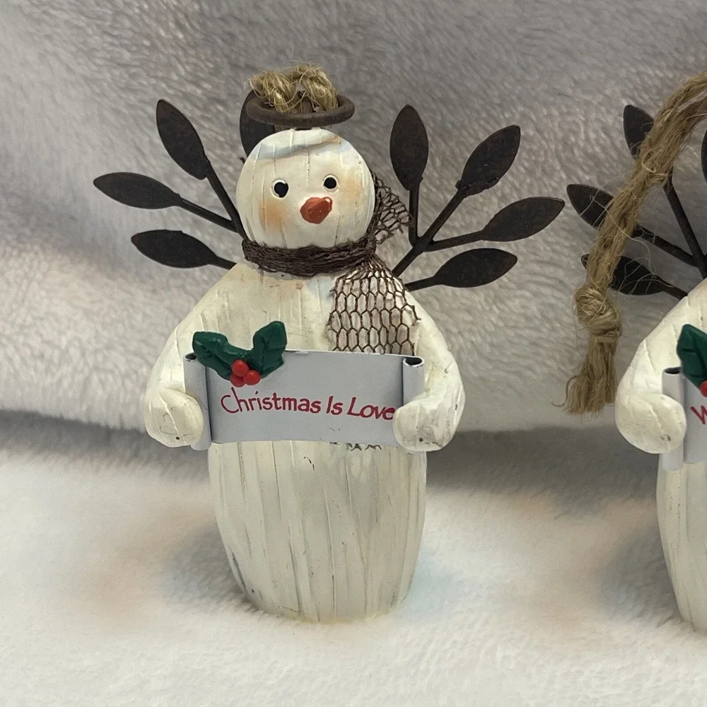Ganz Lot of 3 Snowman Angel Ornaments wood Metal w/sign Friends Love Holiday Joy